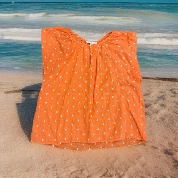 Tangerine Tops - Ann Taylor LOFT blouse XL Tangerine & White Polka Dot Puff Sleeve Lightweight